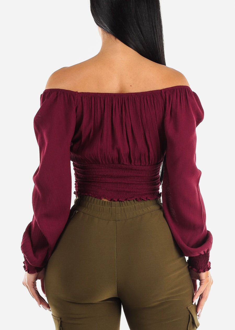Off Shoulder Peasant Crop Top Burgundy sold by Moda product image thumbnail 4