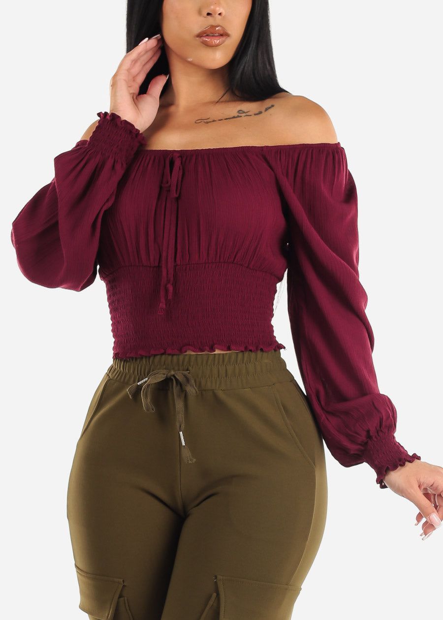 Off Shoulder Peasant Crop Top Burgundy sold by Moda