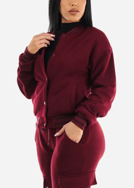 Long Sleeve Varsity Fleece Bomber Jacket Burgundy sold by Moda