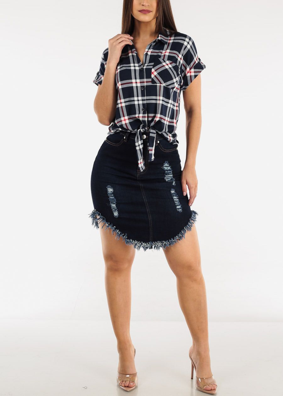 Short Sleeve Tie Front Button Up Plaid Shirt Navy sold by Moda product image thumbnail 2