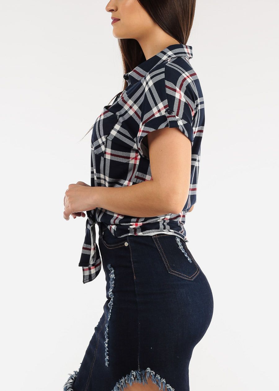 Short Sleeve Tie Front Button Up Plaid Shirt Navy sold by Moda product image thumbnail 3