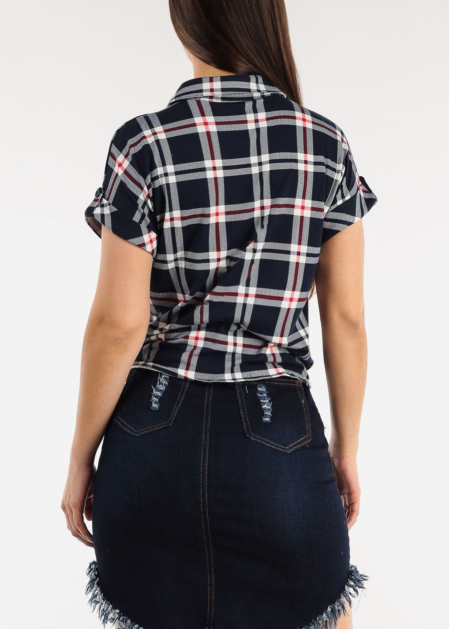 Short Sleeve Tie Front Button Up Plaid Shirt Navy sold by Moda product image thumbnail 4