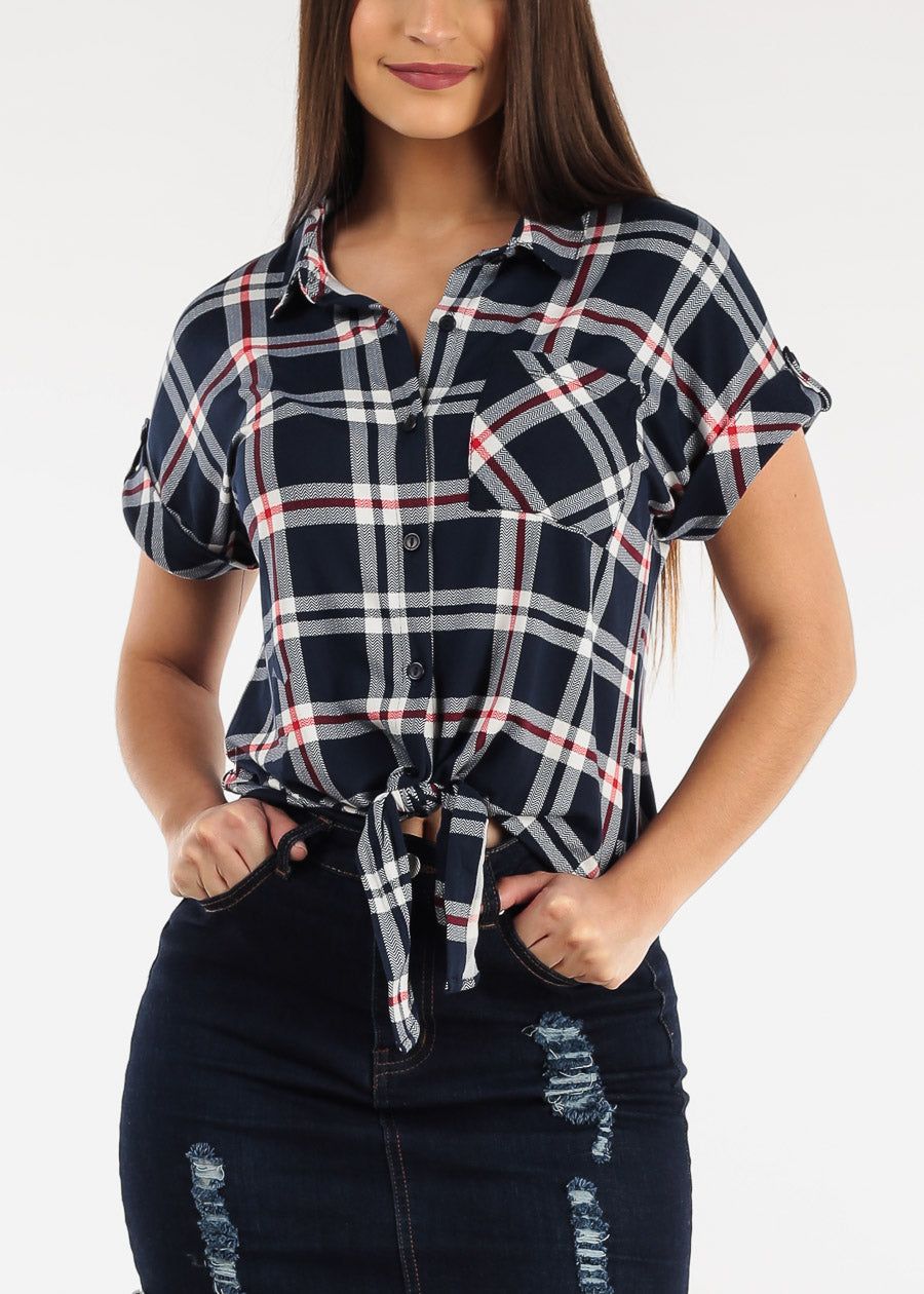 Short Sleeve Tie Front Button Up Plaid Shirt Navy sold by Moda
