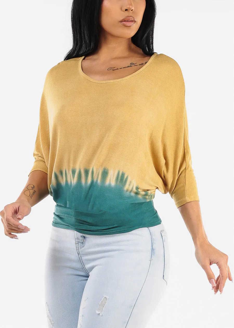 Quarter Dolman Sleeve Tie Dye Tunic Top Mustard sold by Moda