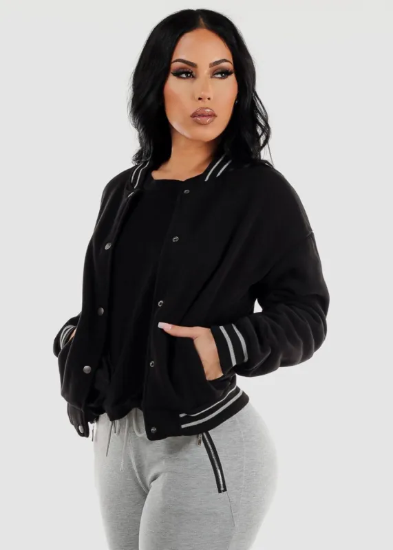 Long Sleeve Black Varsity Fleece Bomber Jacket sold by Moda