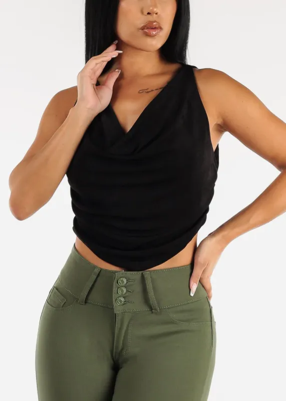 Black Sleeveless Cowl Neckline Fitted Crop Top sold by Moda