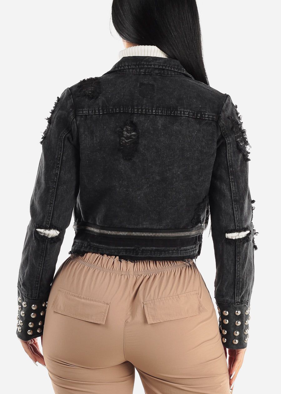 Black Distressed Moto Denim Jacket w Studs Detail sold by Moda product image thumbnail 6