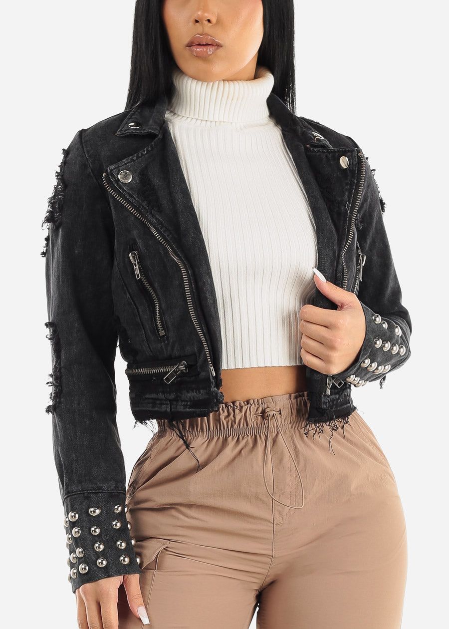 Black Distressed Moto Denim Jacket w Studs Detail sold by Moda product image thumbnail 3