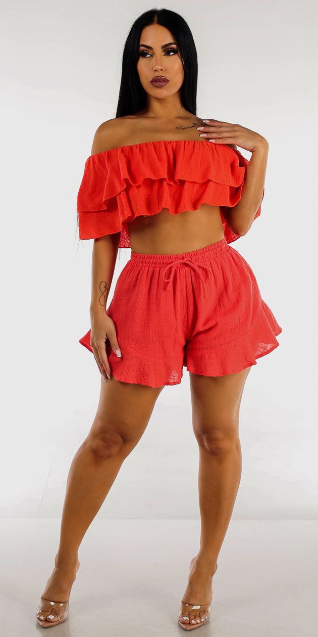 Red Cotton Ruffled Hem Shorts with Red Off Shoulder Ruffled Crop Top sold by Moda