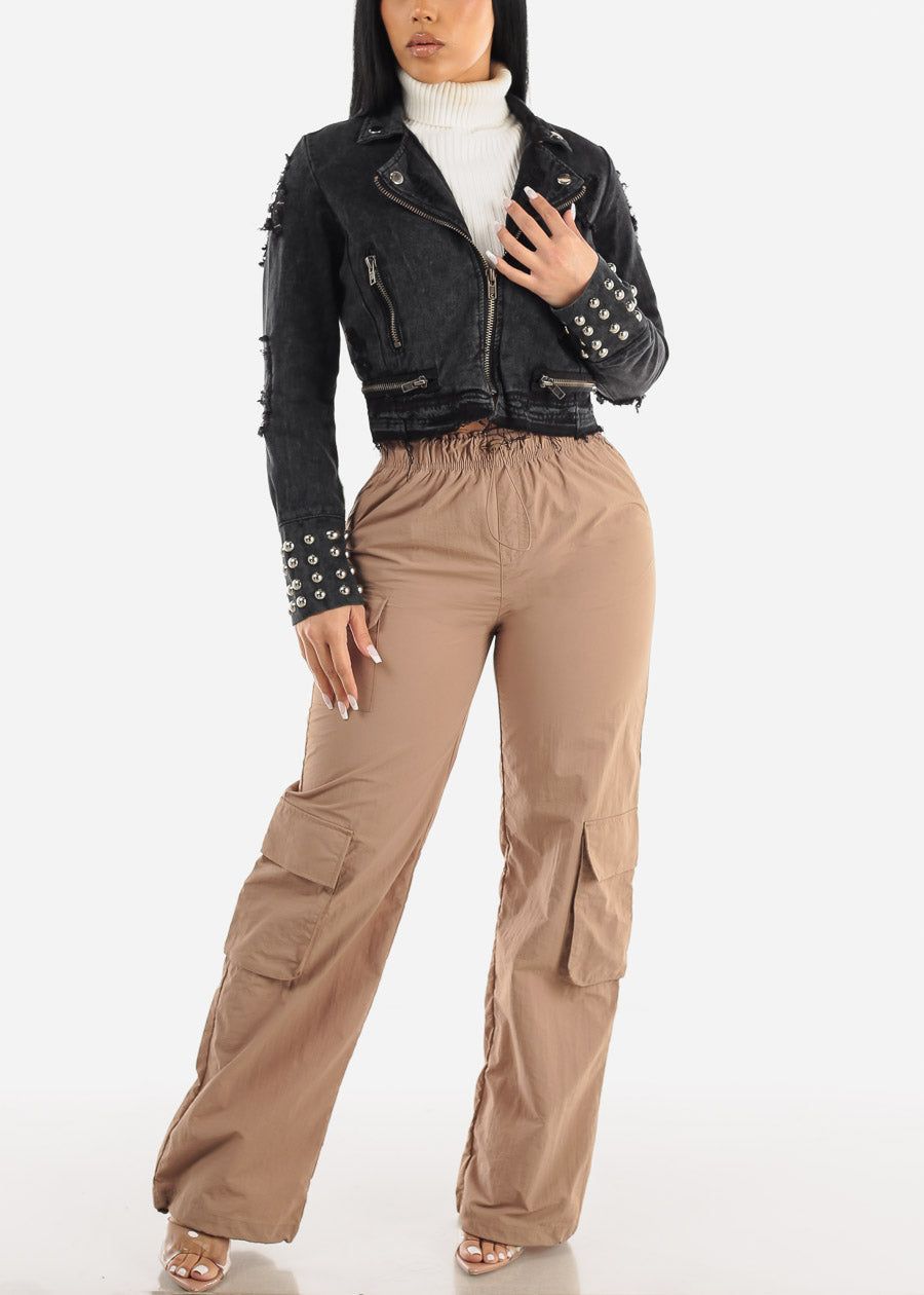 Black Distressed Moto Denim Jacket w Studs Detail sold by Moda product image thumbnail 4