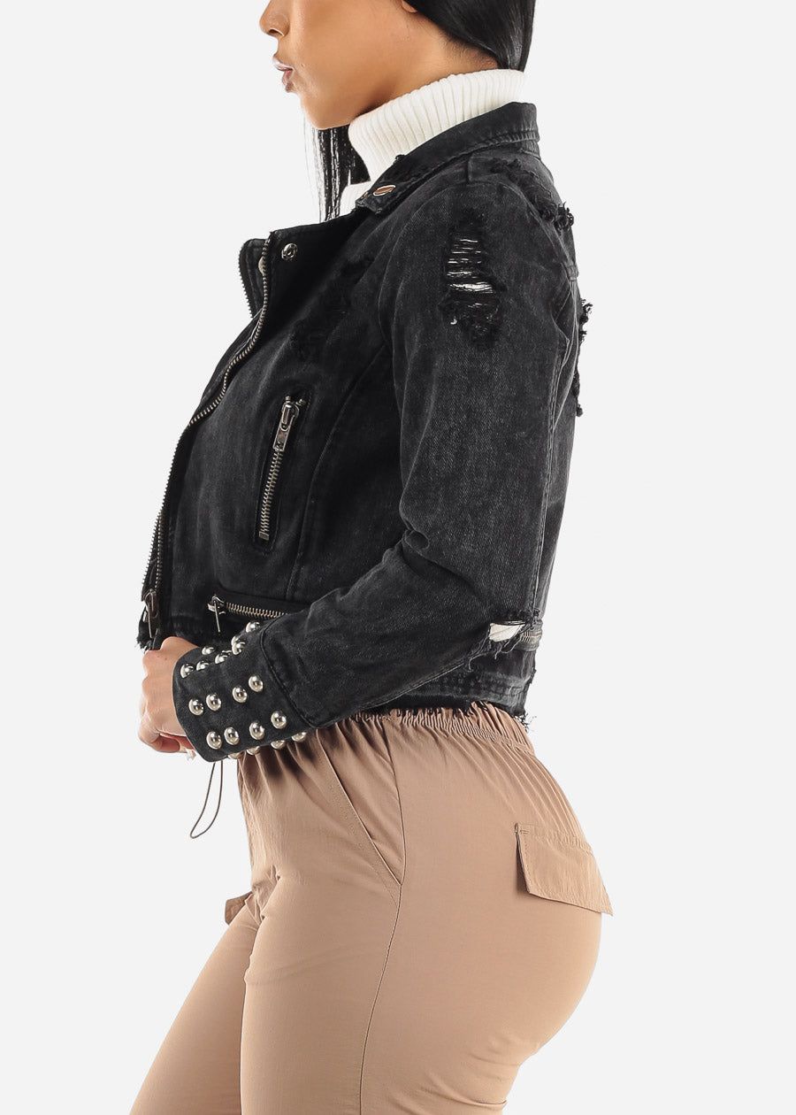 Black Distressed Moto Denim Jacket w Studs Detail sold by Moda product image thumbnail 5