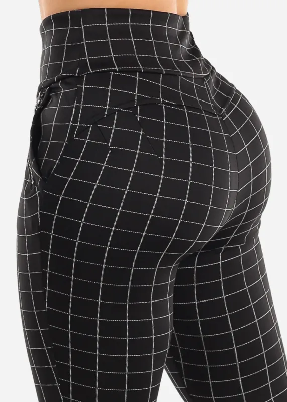 High Waist Butt Lift Black Windowpane Skinny Pants sold by Moda