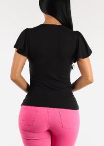 Vneck Flutter Short Sleeve Top Black sold by Moda
