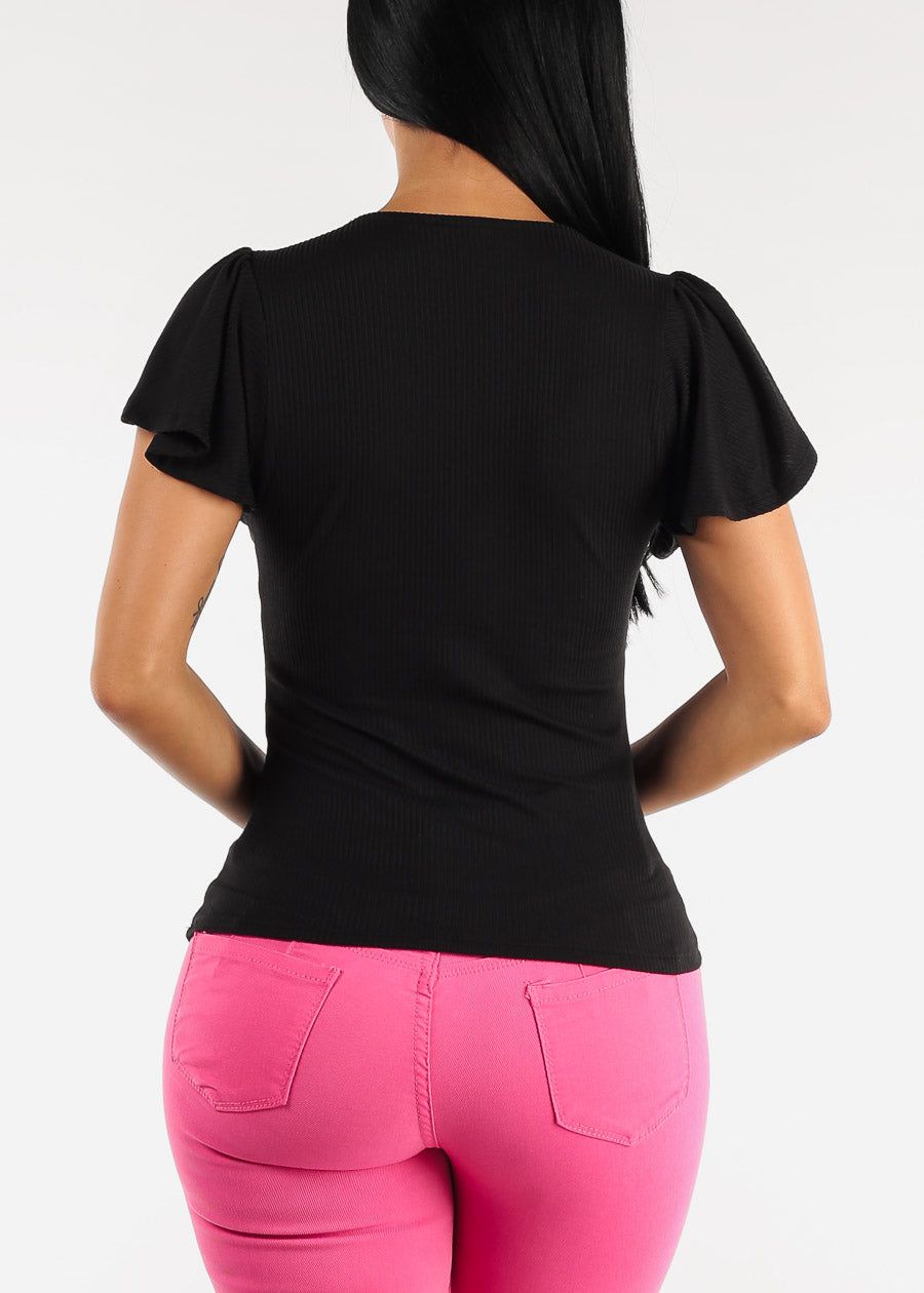 Vneck Flutter Short Sleeve Top Black sold by Moda product image thumbnail 4