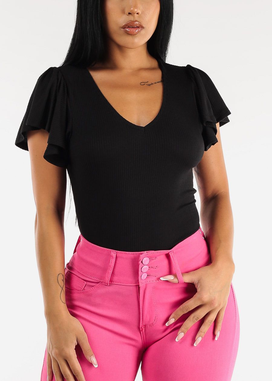 Vneck Flutter Short Sleeve Top Black sold by Moda