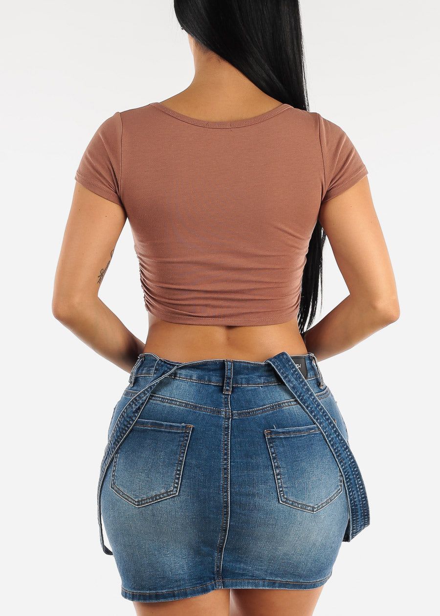 Short Sleeve Ruched Sides Crop Top Brown sold by Moda product image thumbnail 4