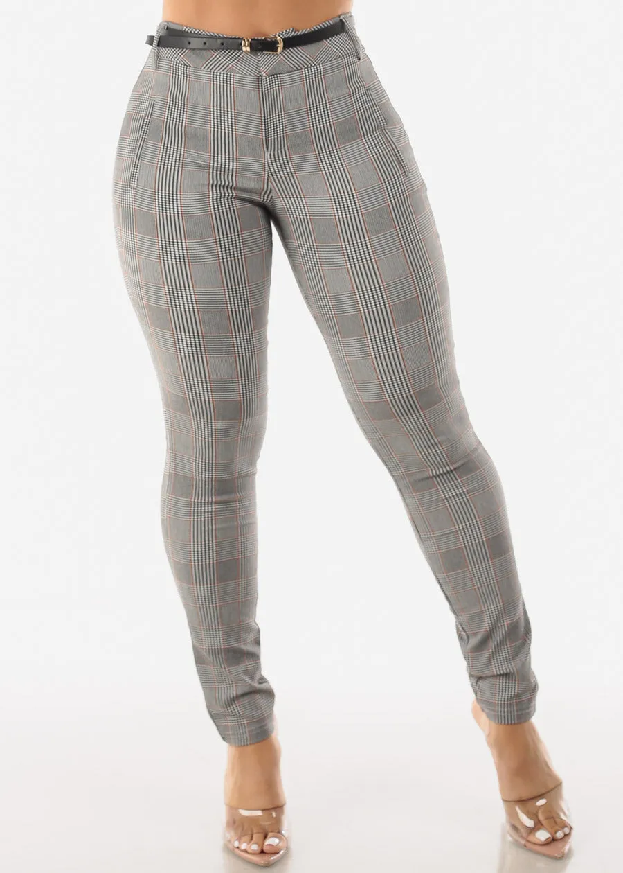 Belted High Waist Plaid Skinny Pants sold by Moda