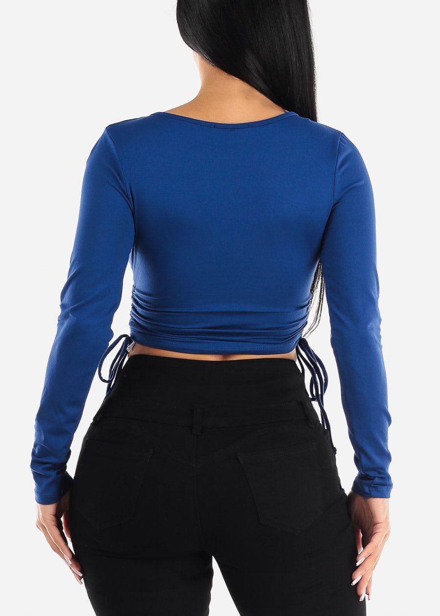 Long Sleeve Surplice Crop Top w Ruched Sides Royal Blue sold by Moda product image thumbnail 4