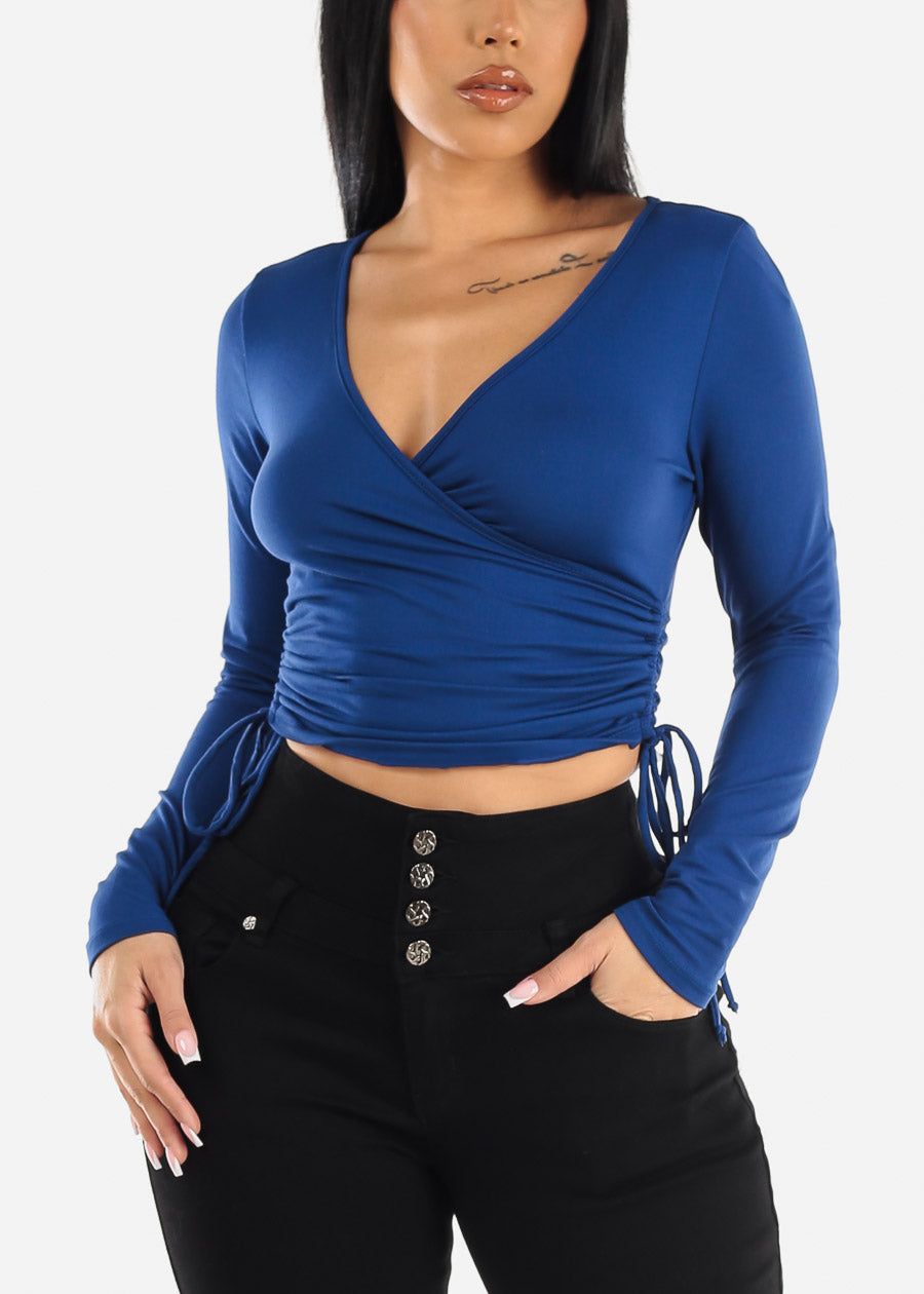 Long Sleeve Surplice Crop Top w Ruched Sides Royal Blue sold by Moda