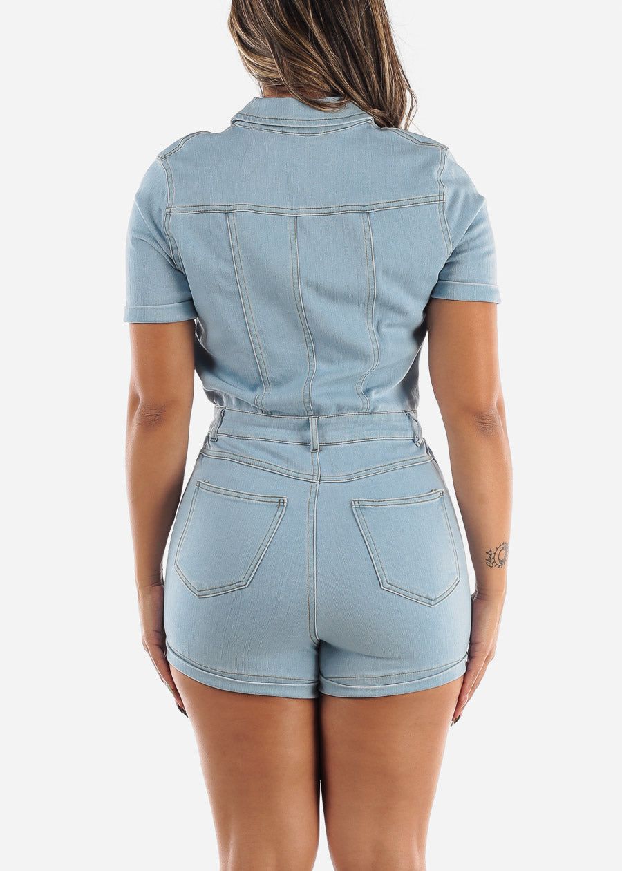 Short Sleeve Denim Romper Light Wash Cuffed sold by Moda product image thumbnail 4