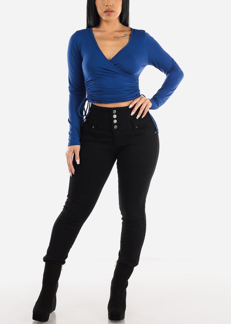 Long Sleeve Surplice Crop Top w Ruched Sides Royal Blue sold by Moda product image thumbnail 2