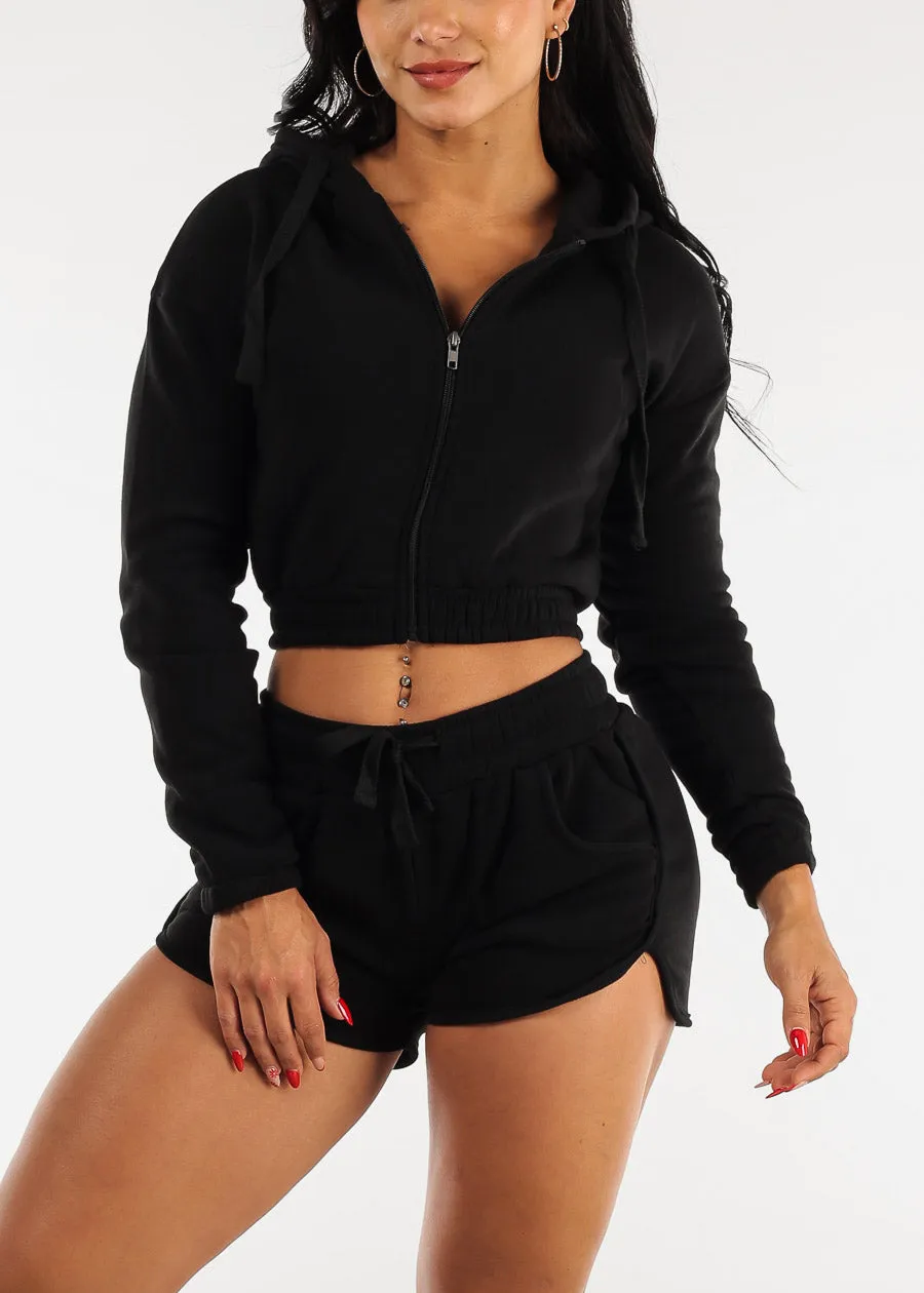 Fleece Zip Up Cropped Hoodie & Shorts Black (2 PCE SET) sold by Moda