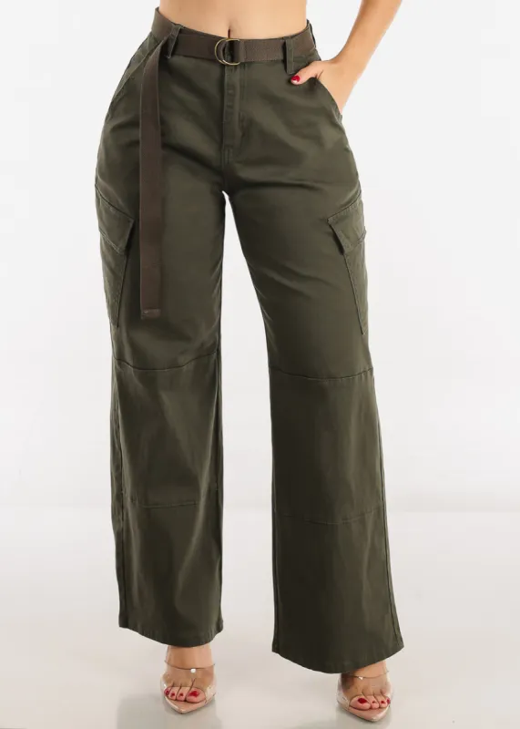 High Waist Straight Wide Leg Olive Cargo Pants with Belt sold by Moda
