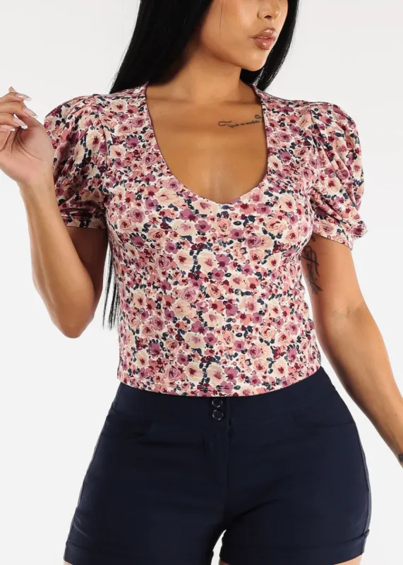 V Neck Floral Short Puff Sleeve Top Mauve sold by Moda