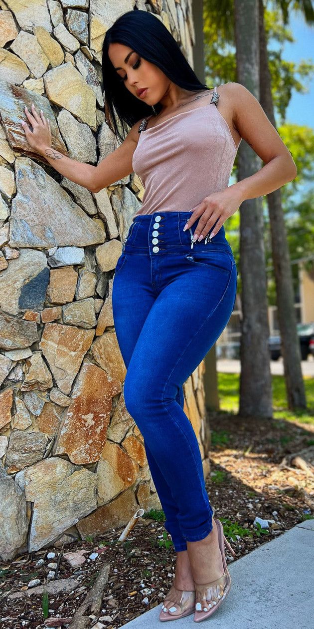 Butt Lifting Blue Skinny Jeans with Taupe Sleeveless Stretchy Cami Top sold by Moda product image thumbnail 3