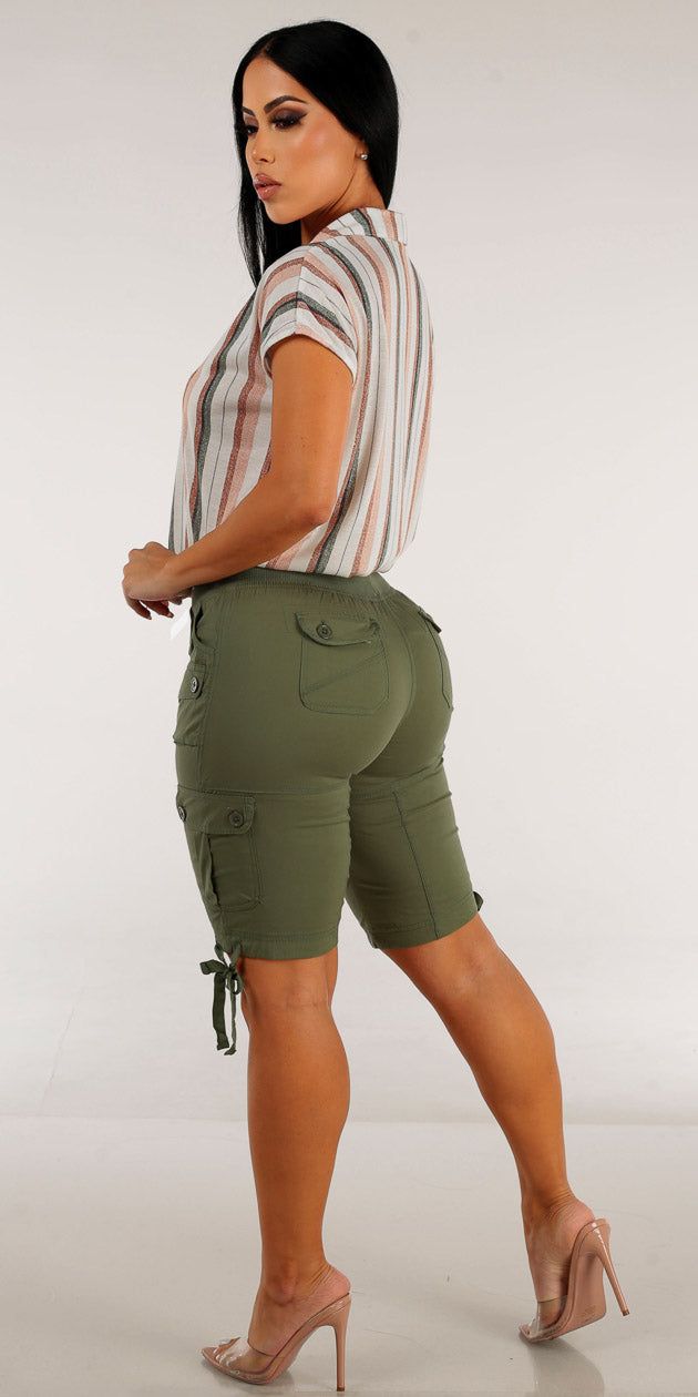 Olive Drawstring Waist Cargo Bermuda Shorts with Stripe Button Up Shirt sold by Moda product image thumbnail 2