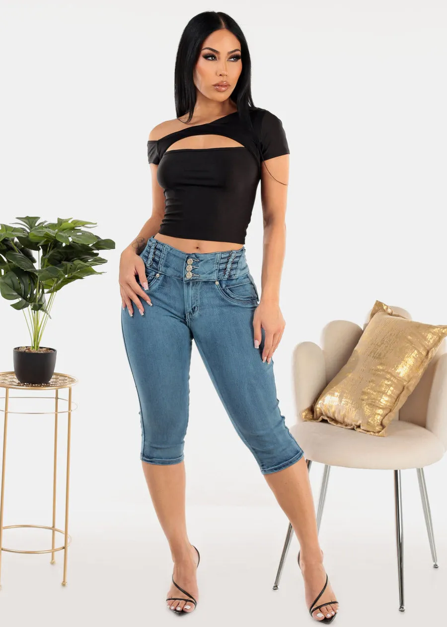 Asymmetrical Neckline Short Sleeve Black Crop Top sold by Moda product image thumbnail 2