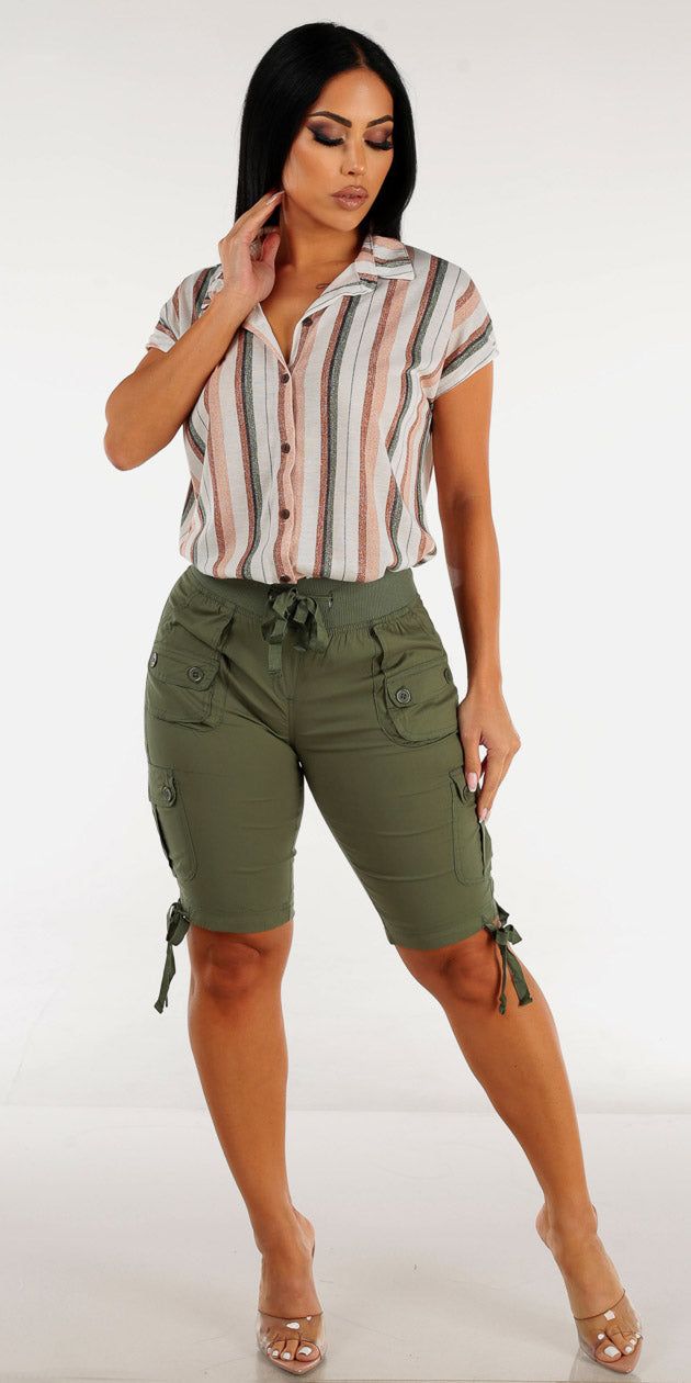 Olive Drawstring Waist Cargo Bermuda Shorts with Stripe Button Up Shirt sold by Moda