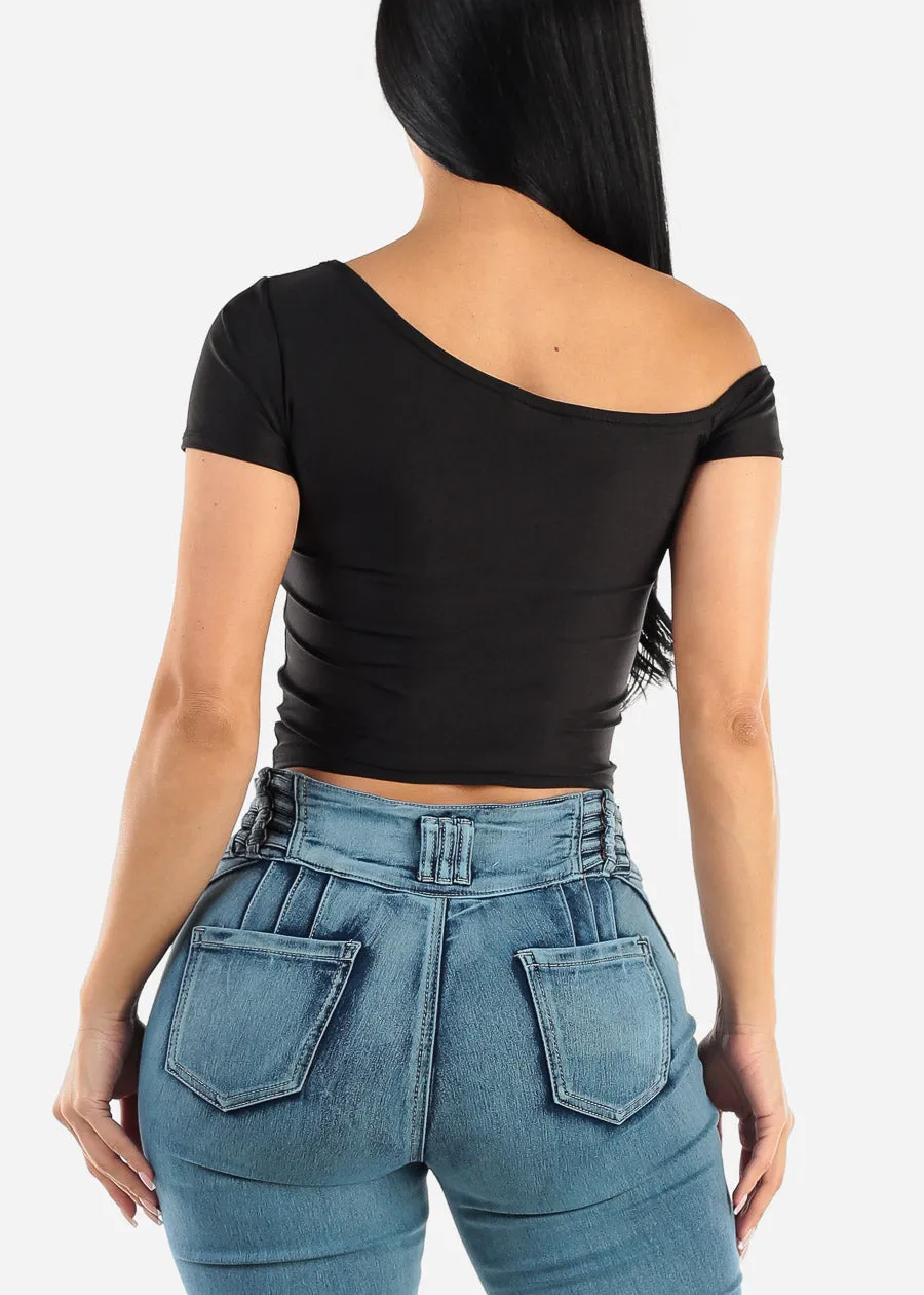 Asymmetrical Neckline Short Sleeve Black Crop Top sold by Moda product image thumbnail 4