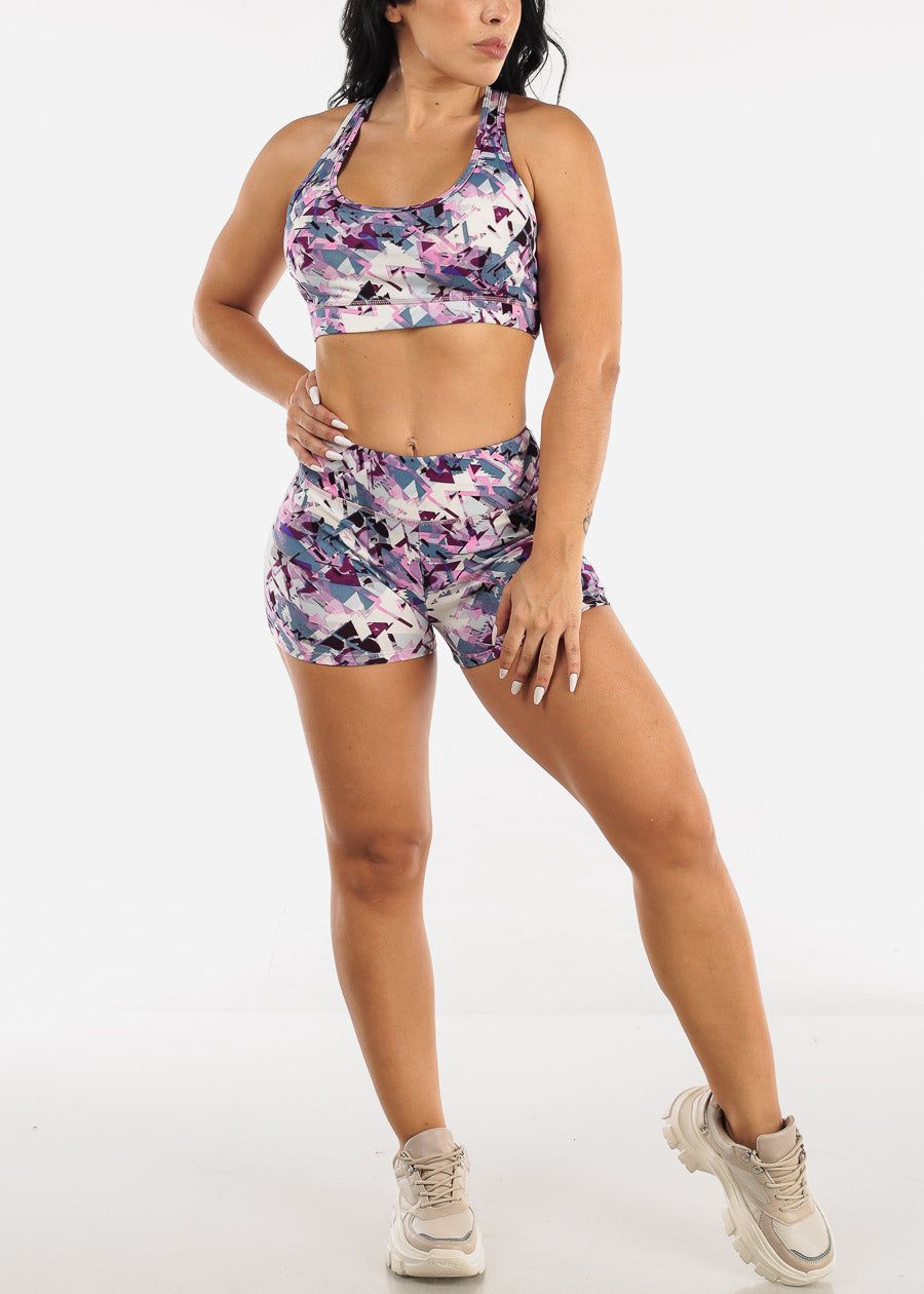 Strappy Sports Bra & Mid Rise Shorts Printed Purple (2 PCE SET) sold by Moda product image thumbnail 4