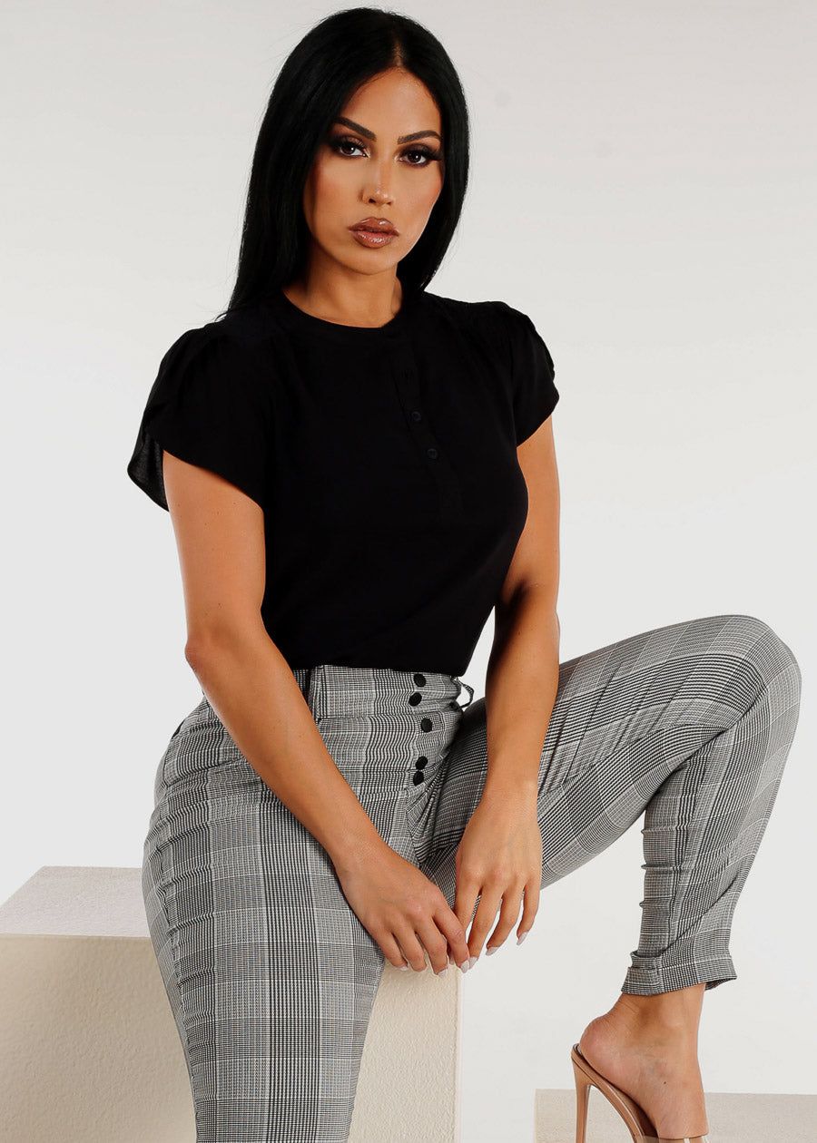 Black Short Sleeve Half Button Up Blouse sold by Moda product image thumbnail 2