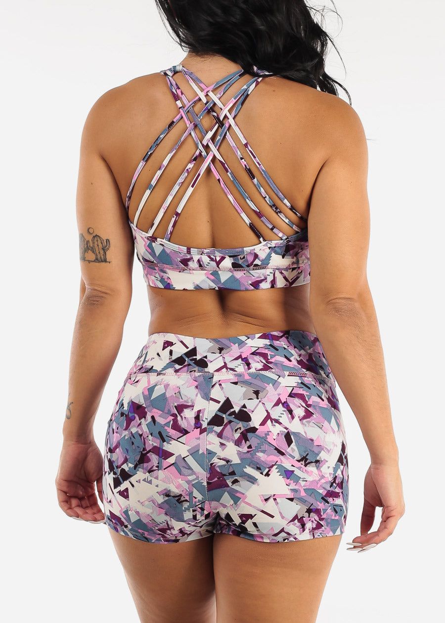 Strappy Sports Bra & Mid Rise Shorts Printed Purple (2 PCE SET) sold by Moda product image thumbnail 6