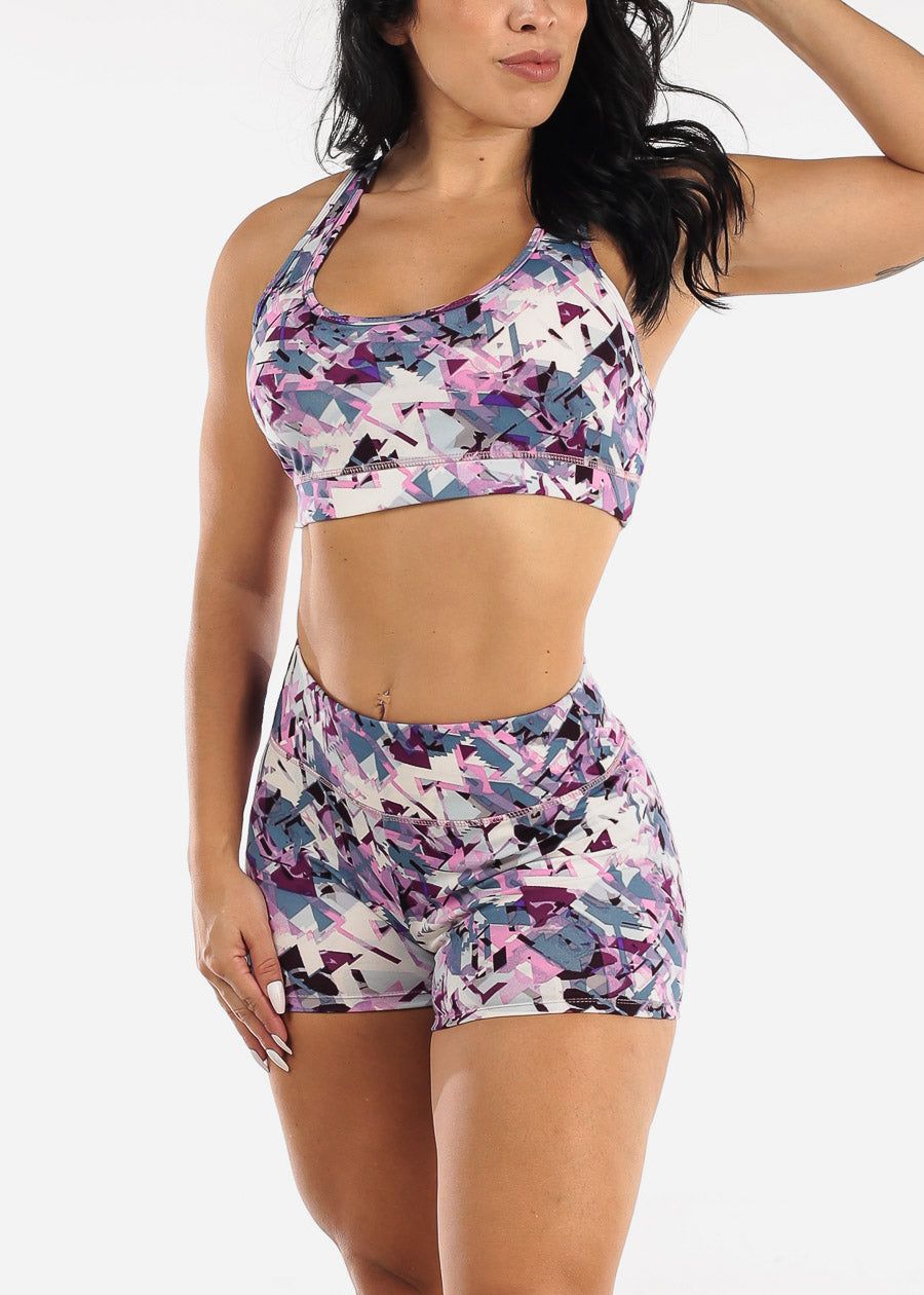 Strappy Sports Bra & Mid Rise Shorts Printed Purple (2 PCE SET) sold by Moda product image thumbnail 3