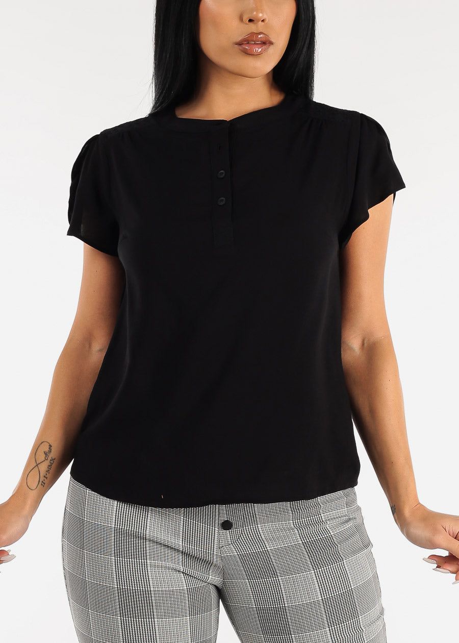 Black Short Sleeve Half Button Up Blouse sold by Moda