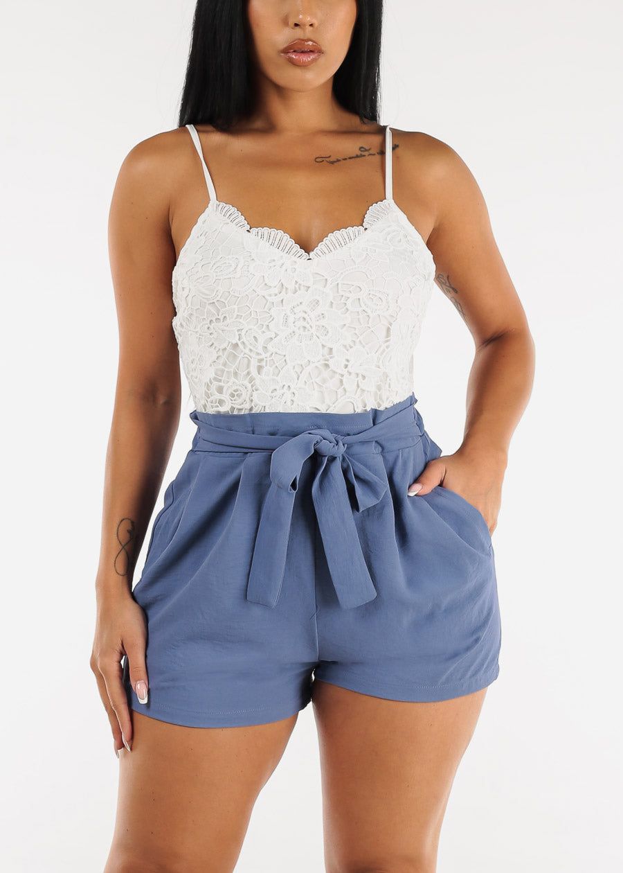 Floral Lace Vneck Cami Romper Blue w Pockets sold by Moda