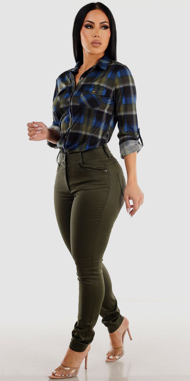 Butt Lifting Olive Faux Leather Skinny Jeans with Olive Long Sleeve Button Up Plaid Shirt sold by Moda