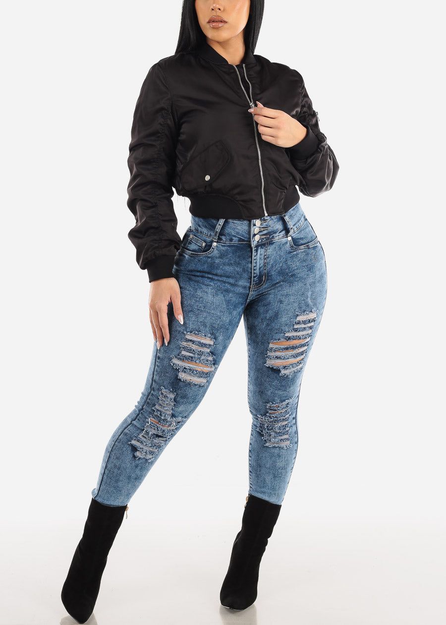Black Long Sleeve Zip Up Bomber Jacket sold by Moda product image thumbnail 2