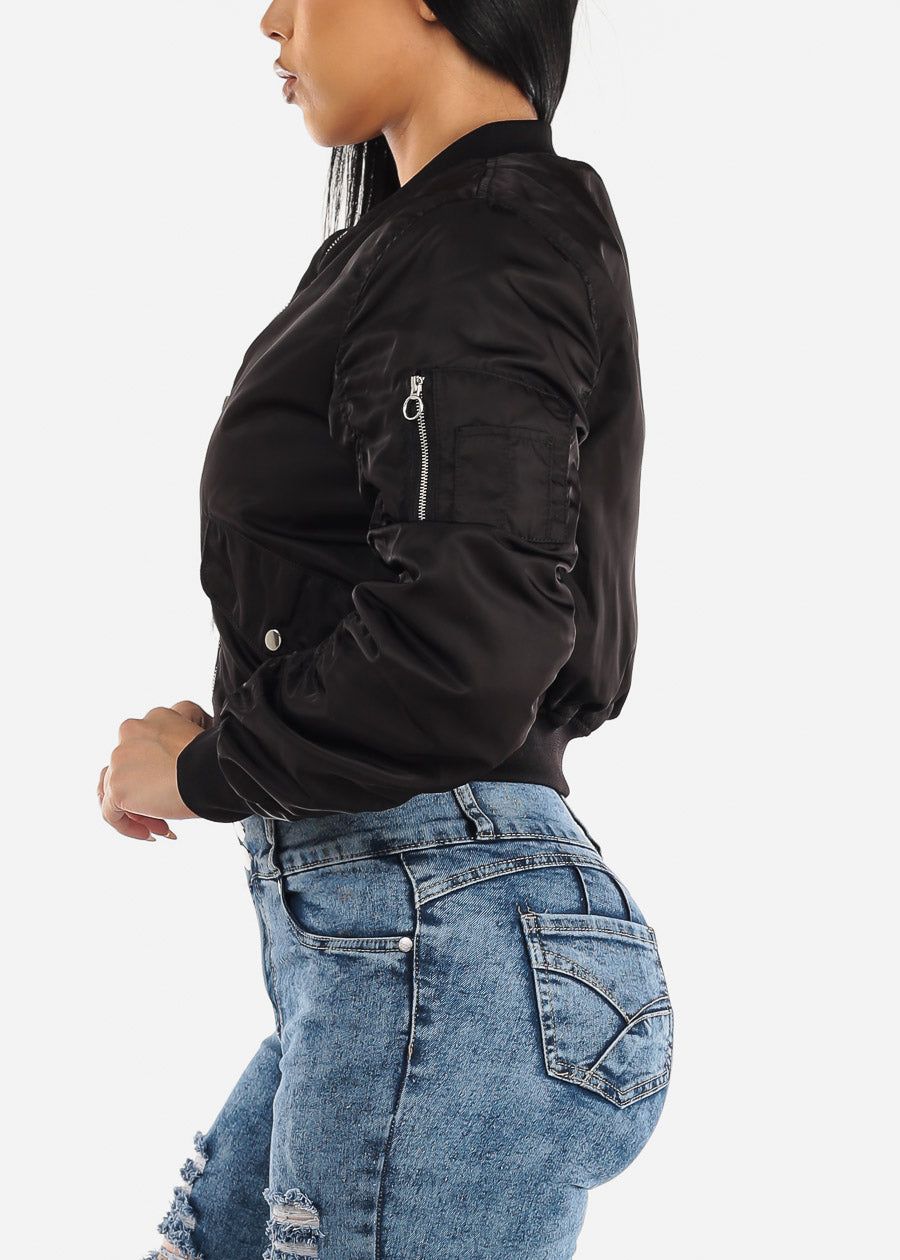 Black Long Sleeve Zip Up Bomber Jacket sold by Moda product image thumbnail 3