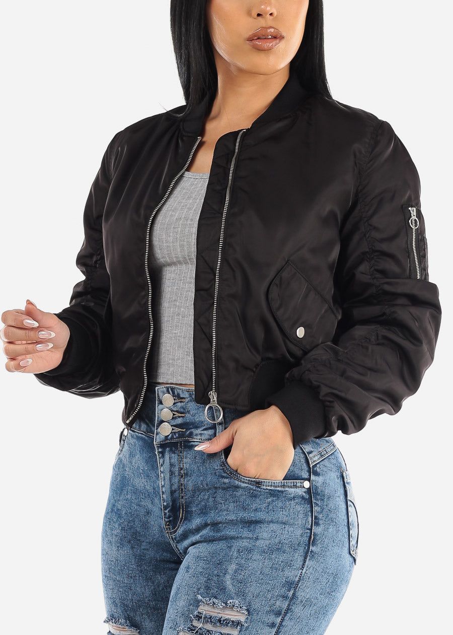 Black Long Sleeve Zip Up Bomber Jacket sold by Moda