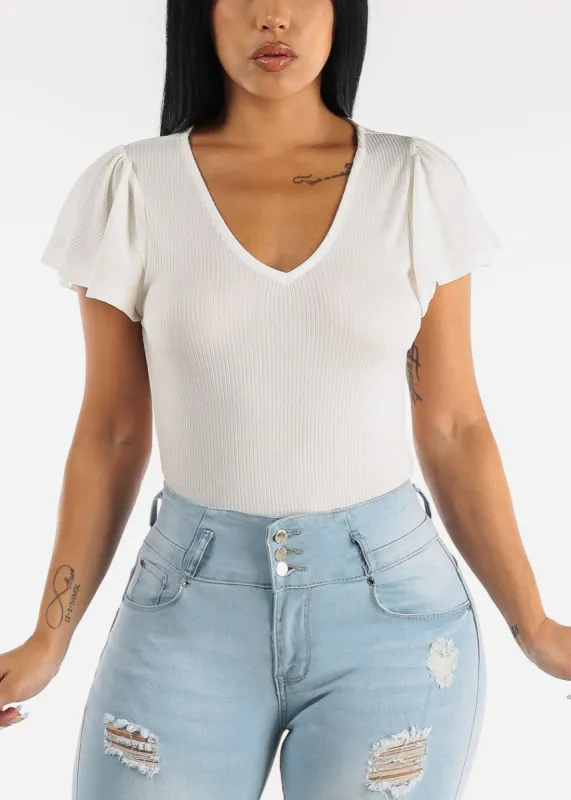 Vneck Flutter Short Sleeve Top White sold by Moda