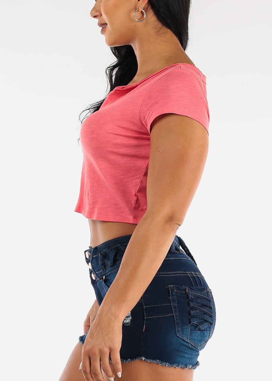 Short Sleeve Vneck Cropped Cotton Tee Coral sold by Moda product image thumbnail 3