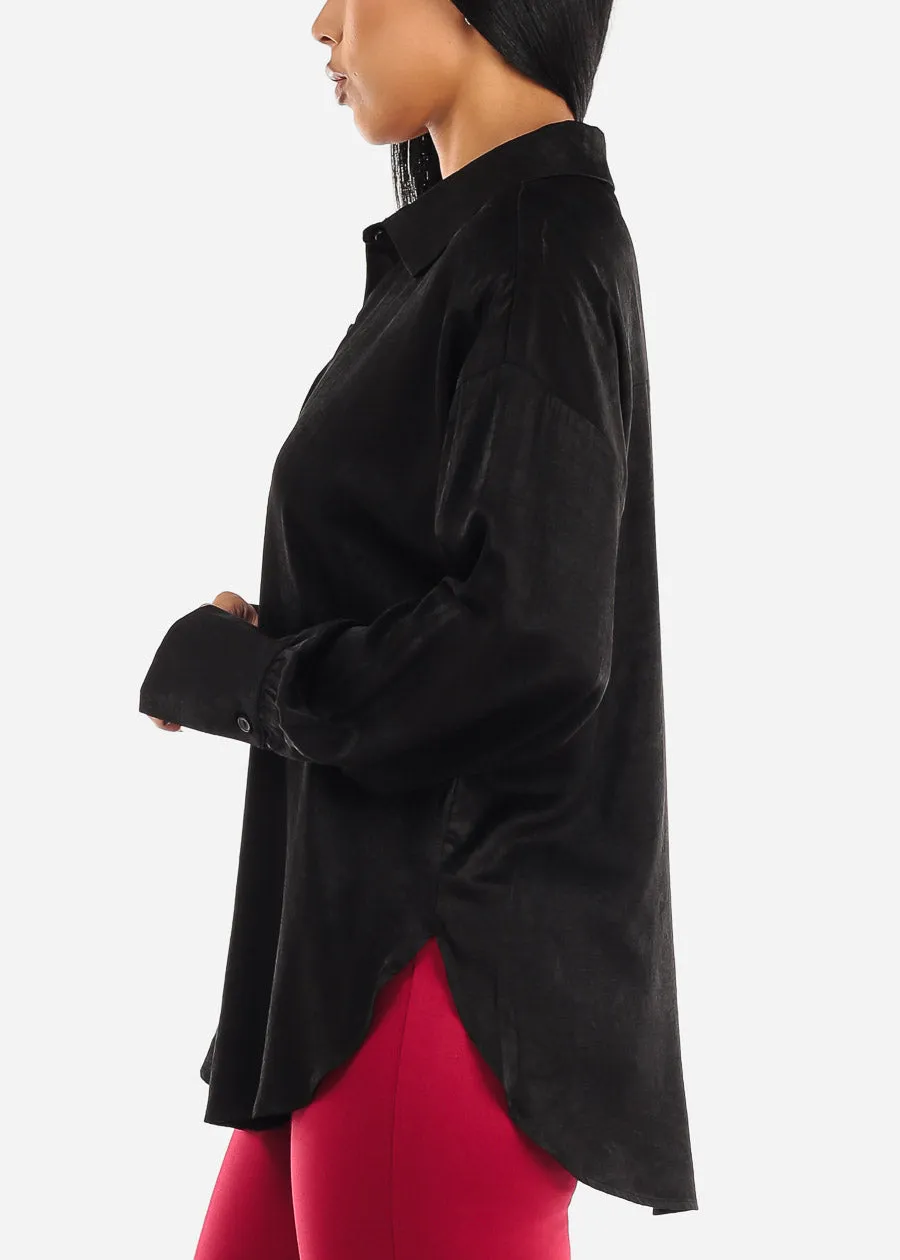 Long Sleeve Button Up Black Glossy Satin Collared Blouse sold by Moda product image thumbnail 3