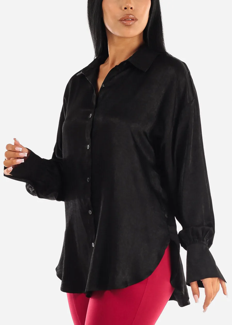 Long Sleeve Button Up Black Glossy Satin Collared Blouse sold by Moda