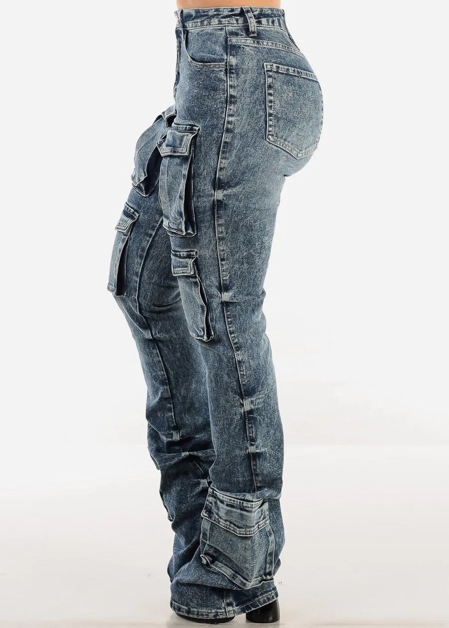 High Waisted Cargo Stacked Leg Jeans Acid Wash sold by Moda product image thumbnail 3