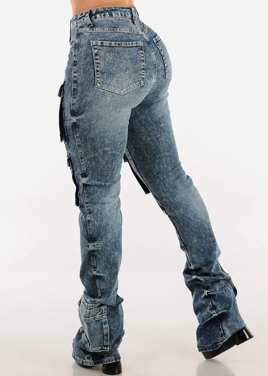 High Waisted Cargo Stacked Leg Jeans Acid Wash sold by Moda product image thumbnail 4