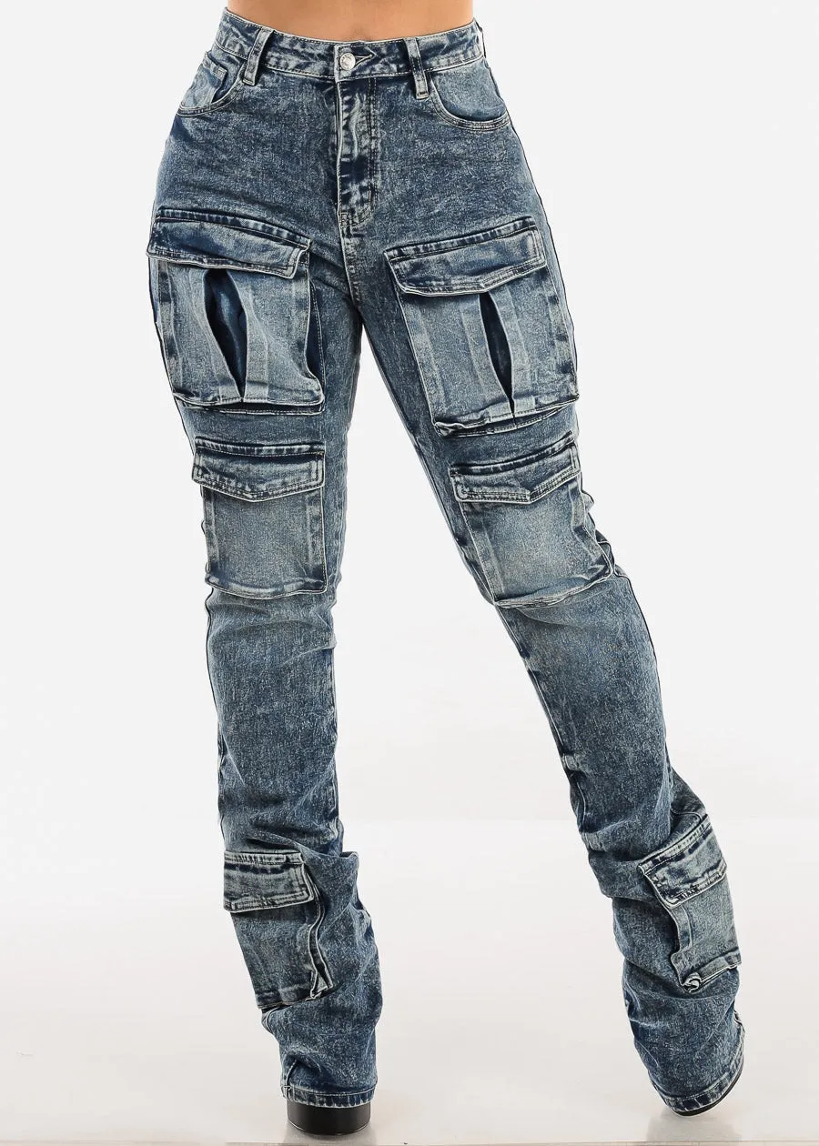 High Waisted Cargo Stacked Leg Jeans Acid Wash sold by Moda